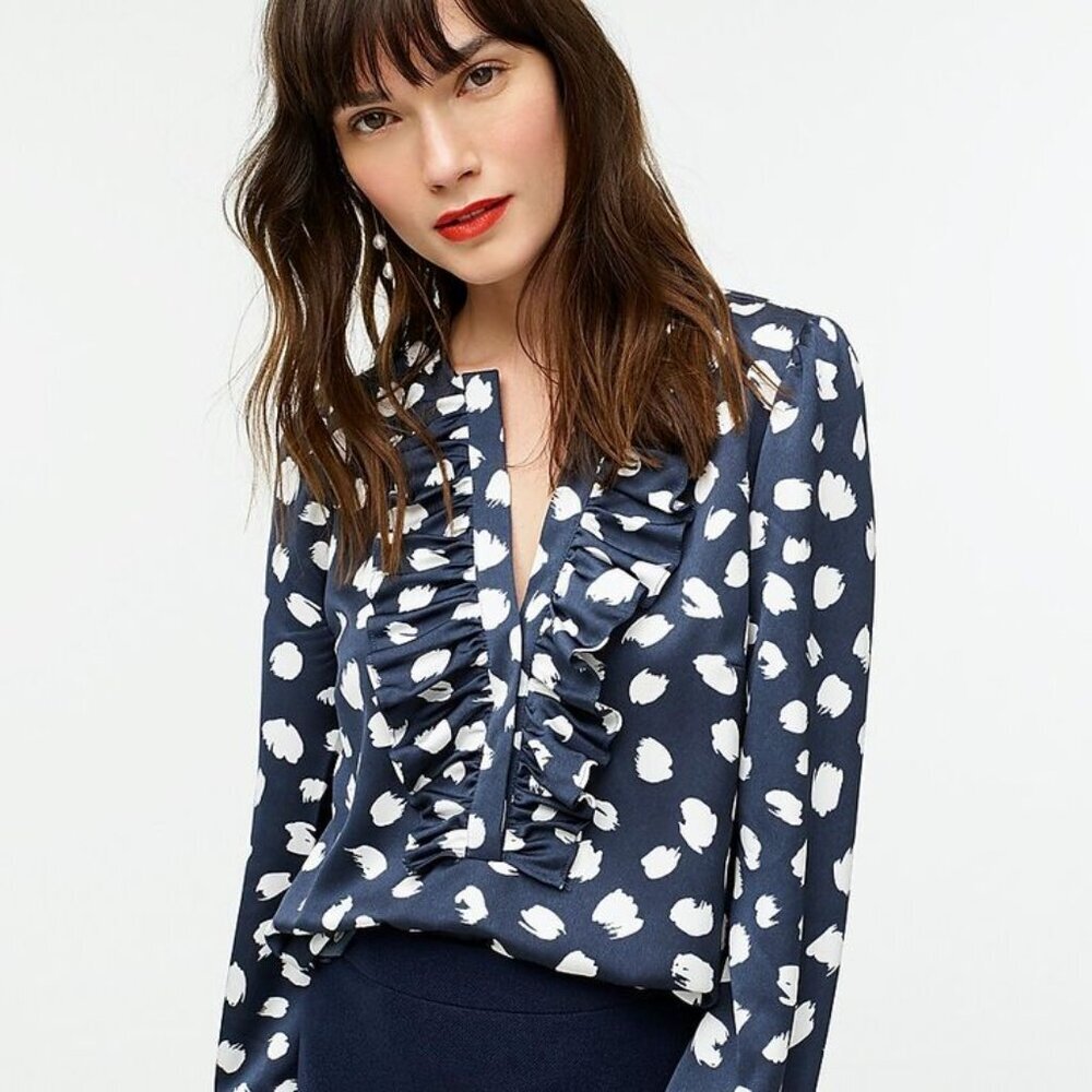 J. Crew Long-Sleeve Ruffle-Front Top in Brushstroke Print